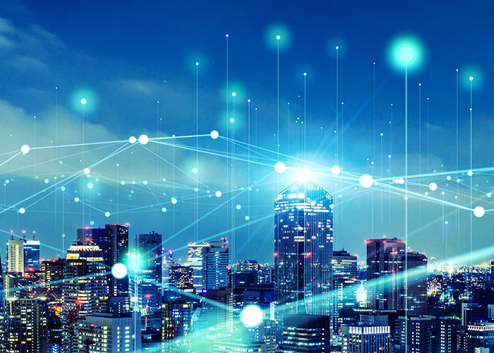 Vertices connected and hovering above a city skyline